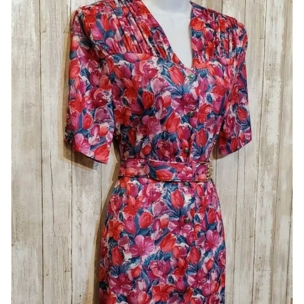 Vintage Floral Sheath Dress Belted Size Large